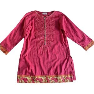 Maria B Cotton Fushia Tunic Small Indian Buttons Embroidery Kurta Top Embellish